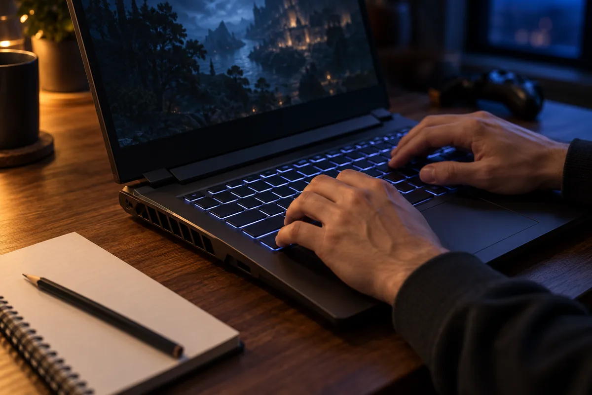 Ordinateur portable de jeu ouvert sur un bureau en bois, clavier rétroéclairé et grilles d’aération latérales visibles