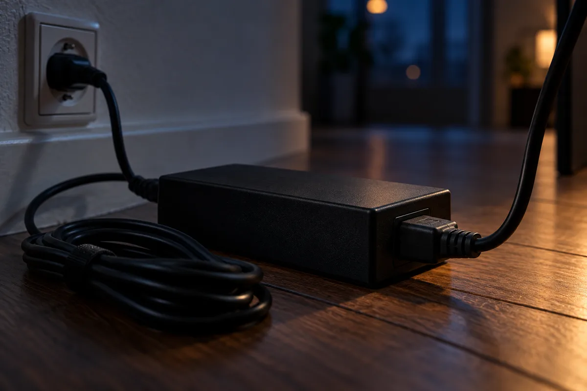 Gros plan sur le bloc d’alimentation d’un portable de jeu branché, câble noir et prise murale