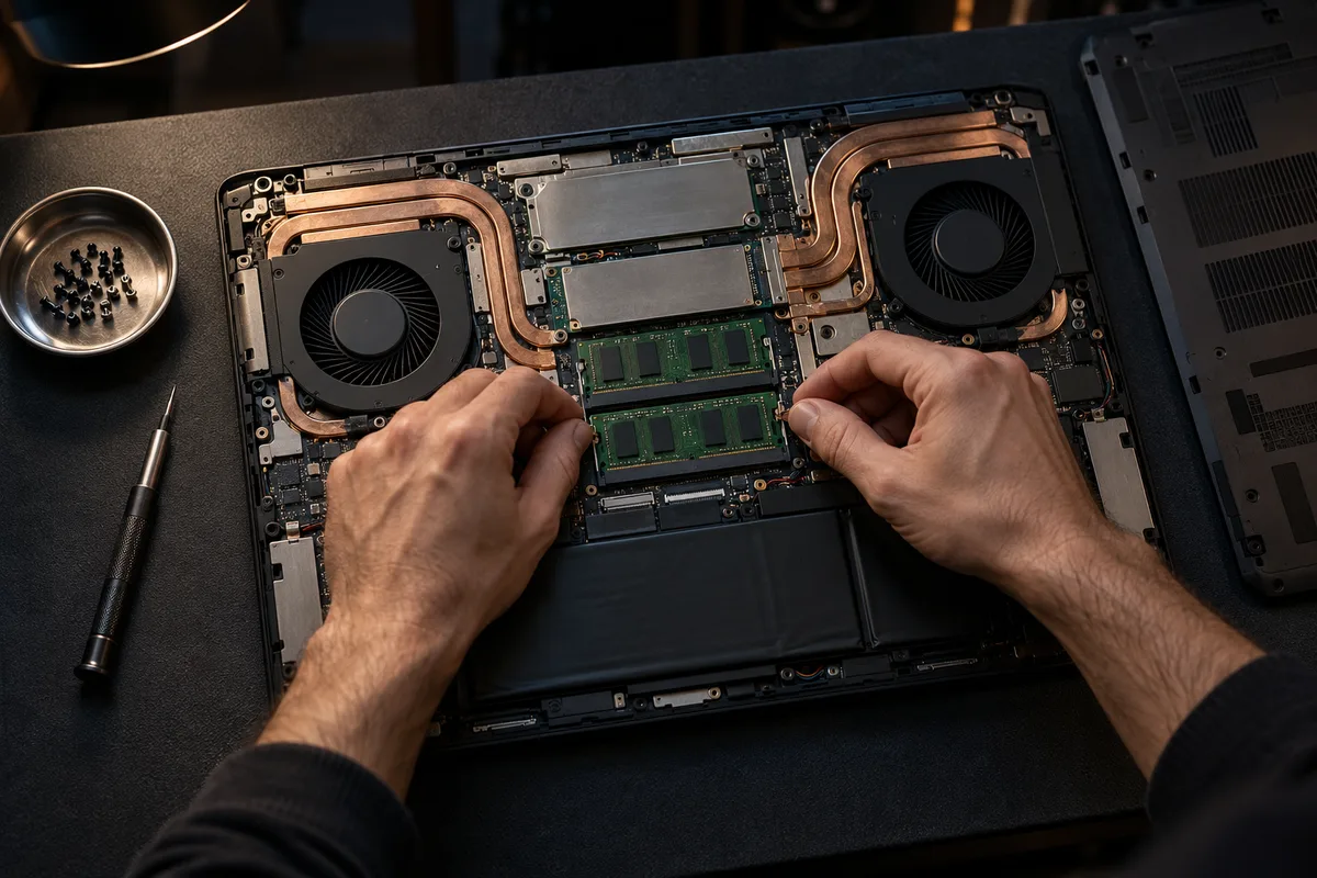 Ordinateur portable retourné, trappe inférieure retirée, barrettes de mémoire et SSD au format M.2 visibles