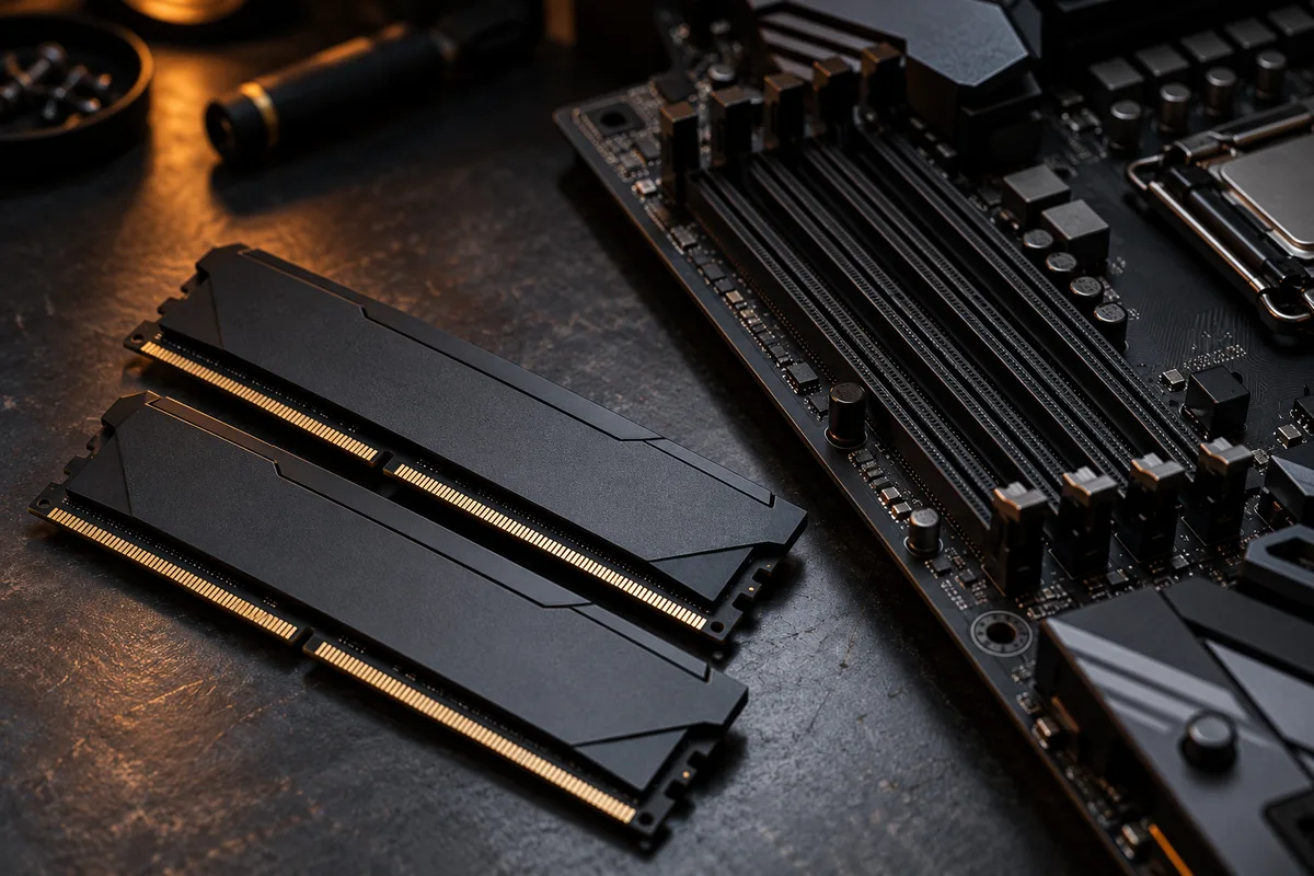 Deux barrettes de mémoire DDR4 posées à côté des emplacements mémoire d’une carte mère