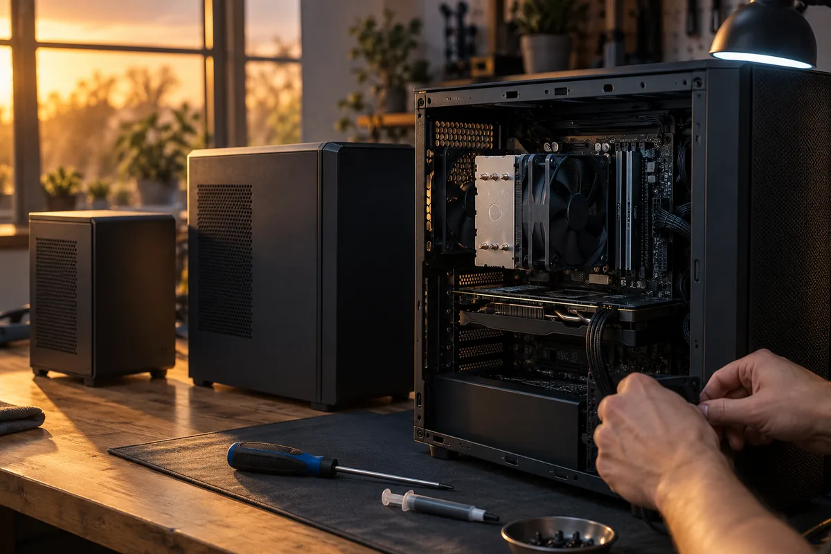 Trois boîtiers PC de tailles différentes alignés sur un bureau, du mini-ITX compact au moyen tour ATX