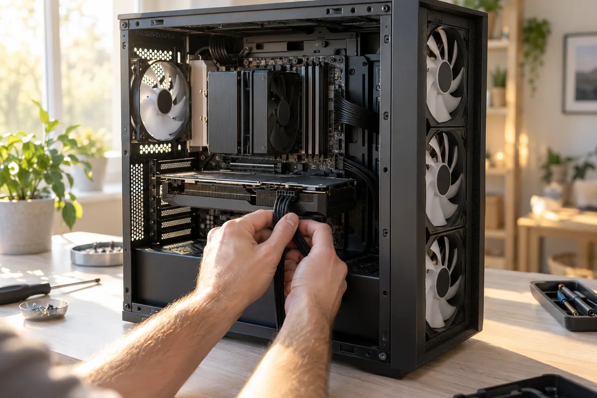 Intérieur d’un boîtier PC gamer ouvert montrant trois ventilateurs en façade, un ventilateur arrière et une carte graphique installée