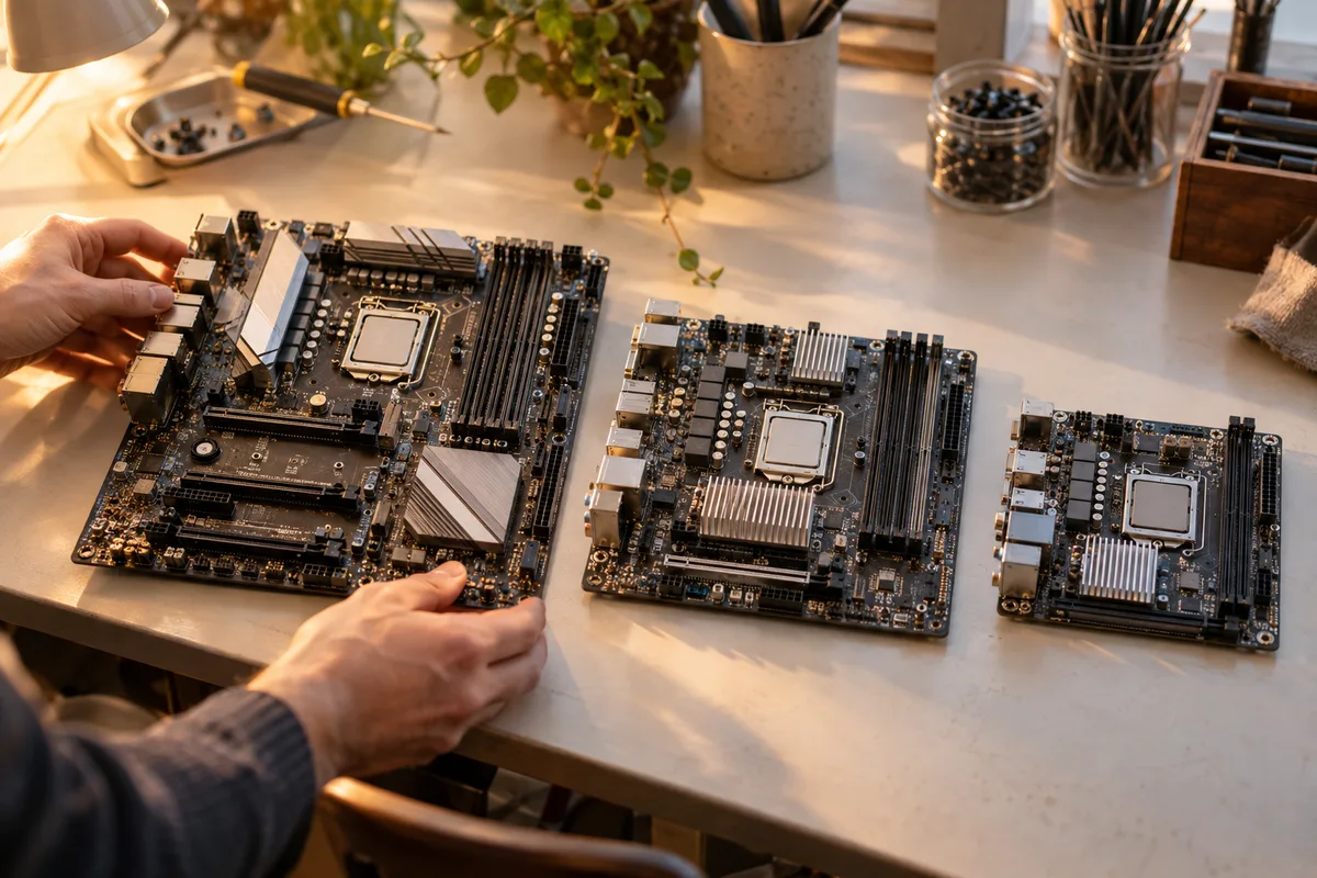 Trois cartes mères de formats différents posées côte à côte pour comparer leurs dimensions