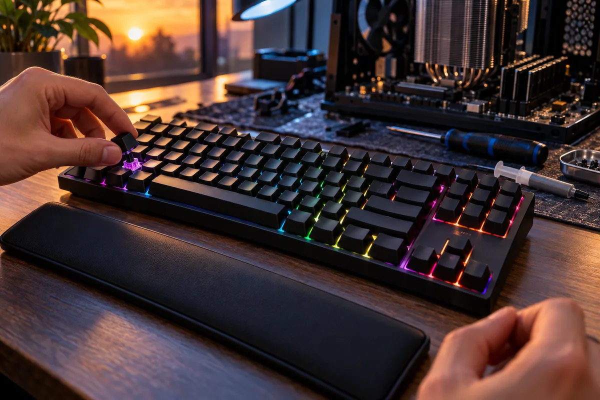Clavier gaming noir à rétroéclairage RGB posé sur un bureau, avec son repose-poignets détaché