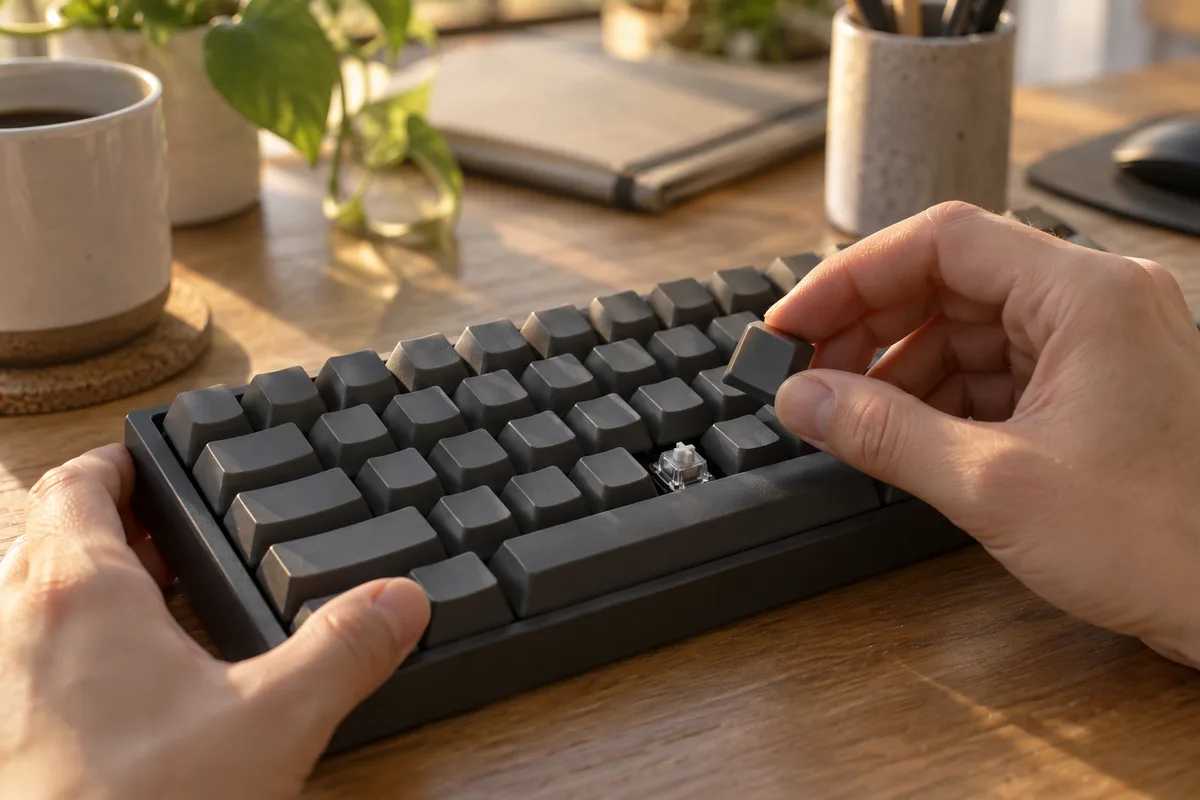 Gros plan sur les touches d&rsquo;un clavier mécanique et sur un switch visible après retrait d&rsquo;un capuchon