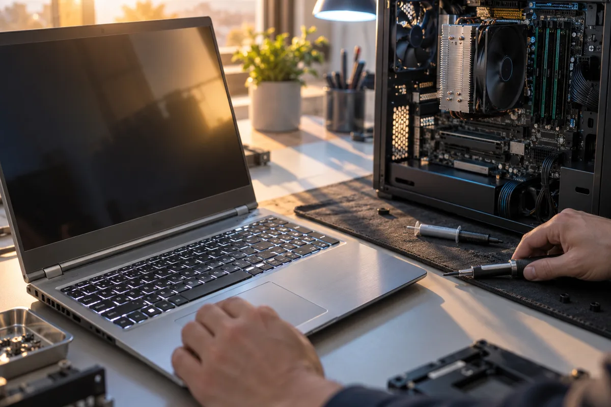 Ordinateur portable professionnel gris ouvert sur un bureau, clavier rétroéclairé et écran de 15,6 pouces