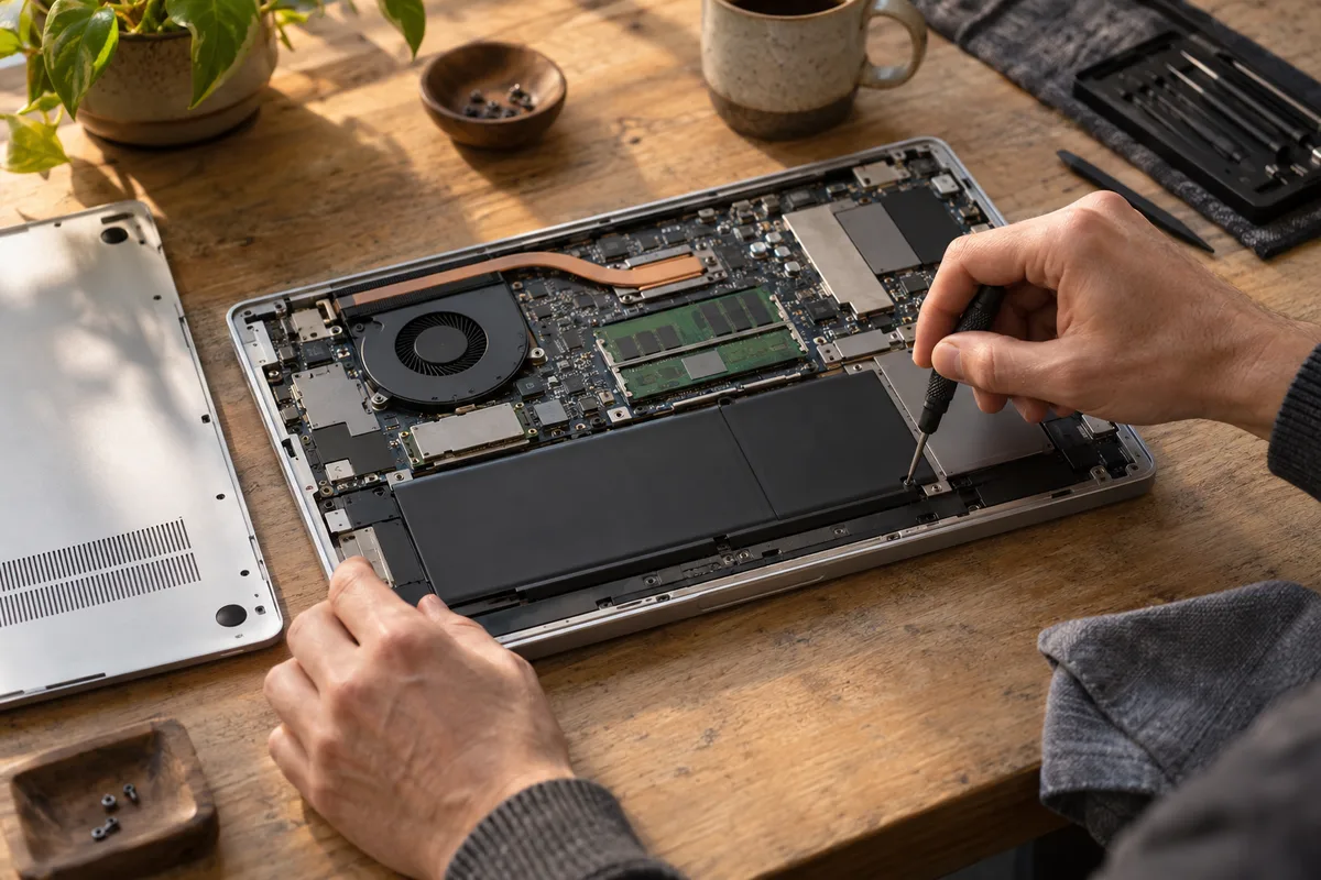 Batterie et composants internes d&rsquo;un ordinateur portable professionnel visibles après retrait du capot inférieur