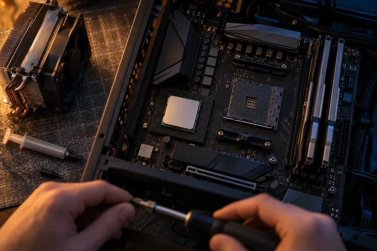 Processeur AMD Ryzen 5 vu de dessus, posé sur une mousse antistatique à côté de son socket AM4