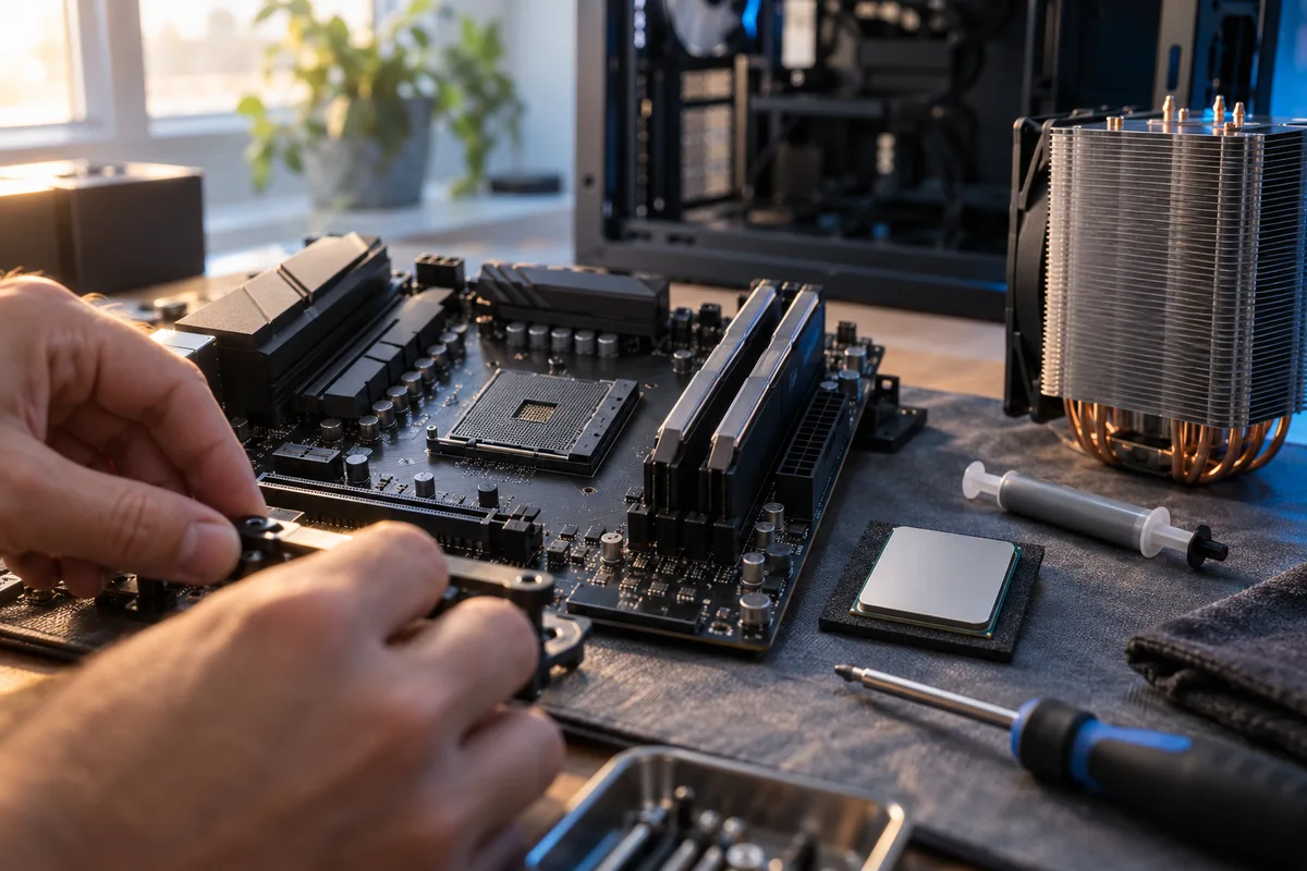 Processeur AMD Ryzen à huit cœurs posé à côté d&rsquo;une carte mère AM4 sur un banc de montage