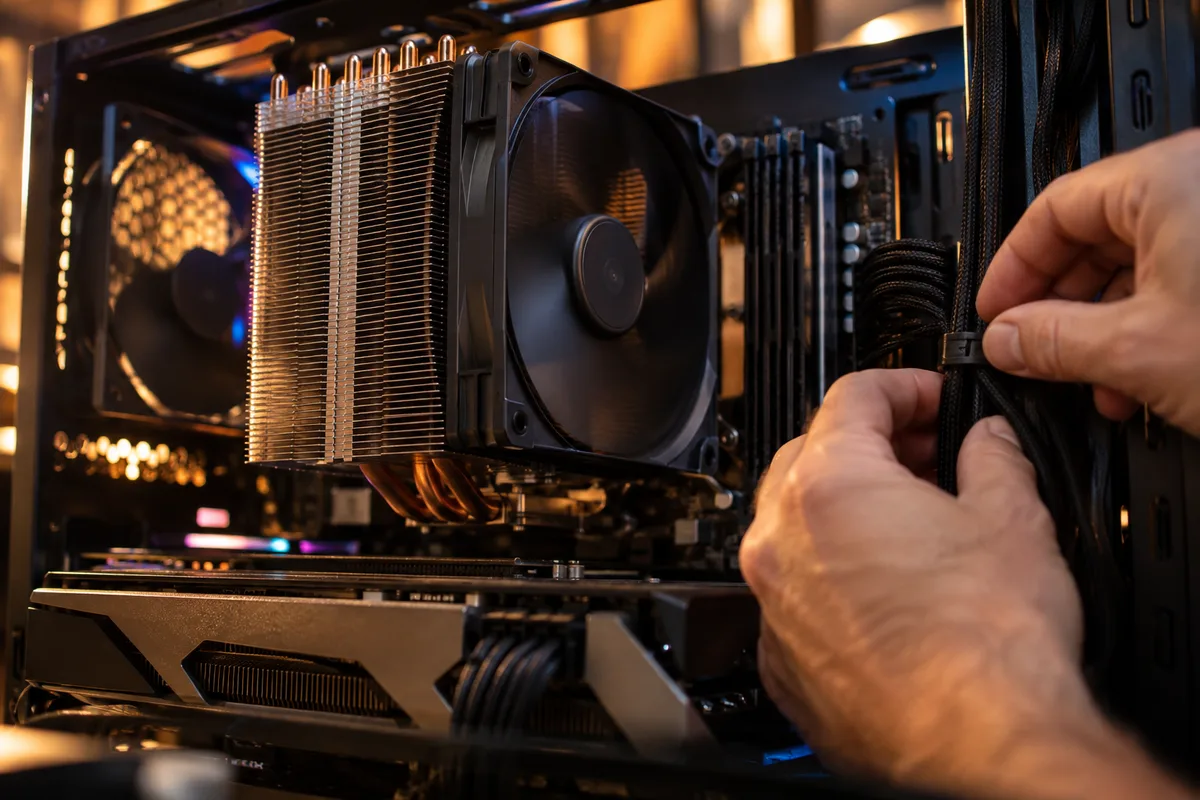 Processeur huit cœurs refroidi par un ventirad tour dans une configuration de jeu en fonctionnement